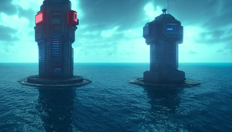 Image similar to a island in the middle of the ocean with a large cyberpunk tower on it, octane, redshift, volumetric lighting, reflections