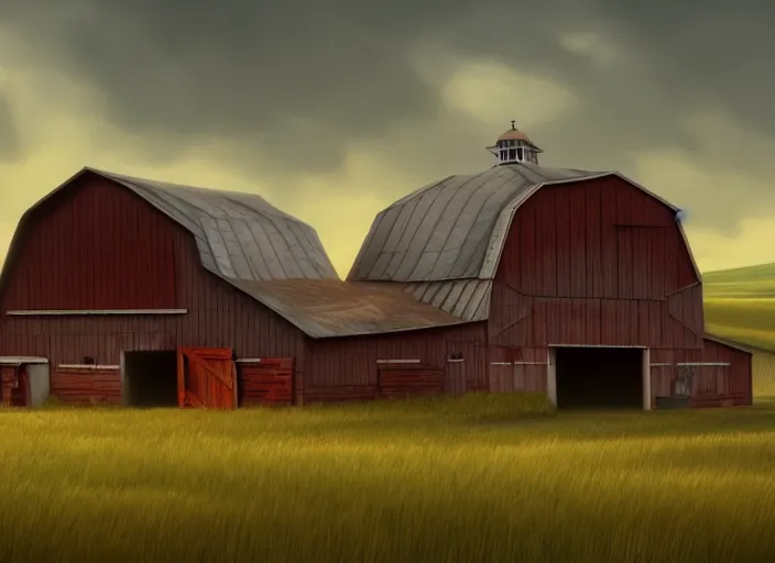 Image similar to A barn at an Iowan farm, barndoors broken open, game art matte painting hyperdetailed, artstation, cgsociety, 8k, surreal dream landscape