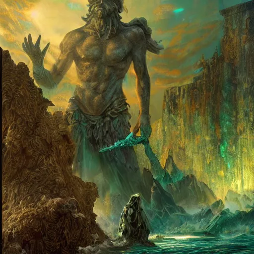 Image similar to beautiful interesting detailed matte digital Magic The Gathering illustration by Marc Simonetti of an underwater garden with a statue of Poseidon and a statue of Aphrodite, teal turqoise aqua and green color palette, seaweed bioluminescence fish coral treasure and ancient ruins, trending on artstation hq