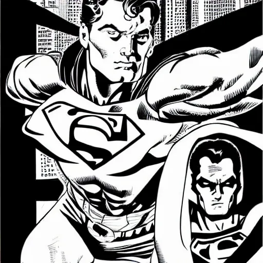 Prompt: superman in the style of frank miller's sin city comics, black & white, a comic panel