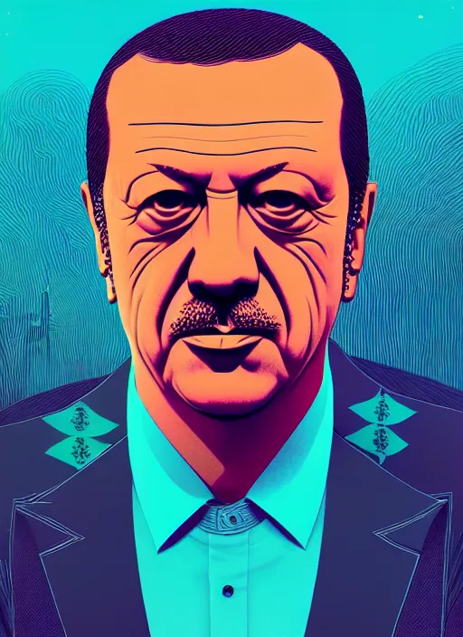 Prompt: portrait of recep tayyip erdogan, artstation winner by victo ngai, kilian eng and by jake parker, by conrad roset, swirly vibrant color lines, winning award masterpiece, fantastically gaudy, aesthetic octane render, 8 k hd resolution