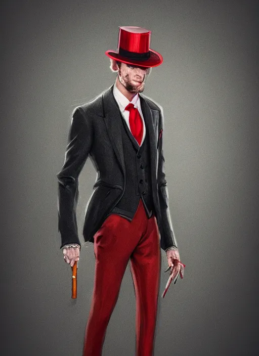 Image similar to a highly detailed illustration of stylish top hat wearing red haired ponytail man, with slight stubble, wearing suit vest, flashy smoking cigarette pose, intricate, elegant, highly detailed, centered, digital painting, artstation, concept art, smooth, sharp focus, league of legends concept art, WLOP