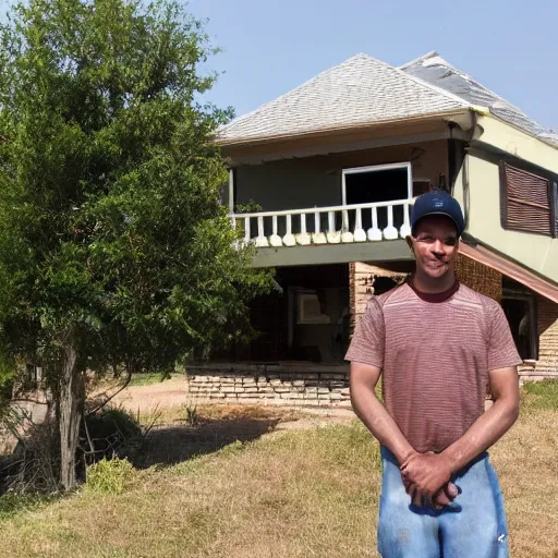 Prompt: a man standing proudly in front of a really badly built house