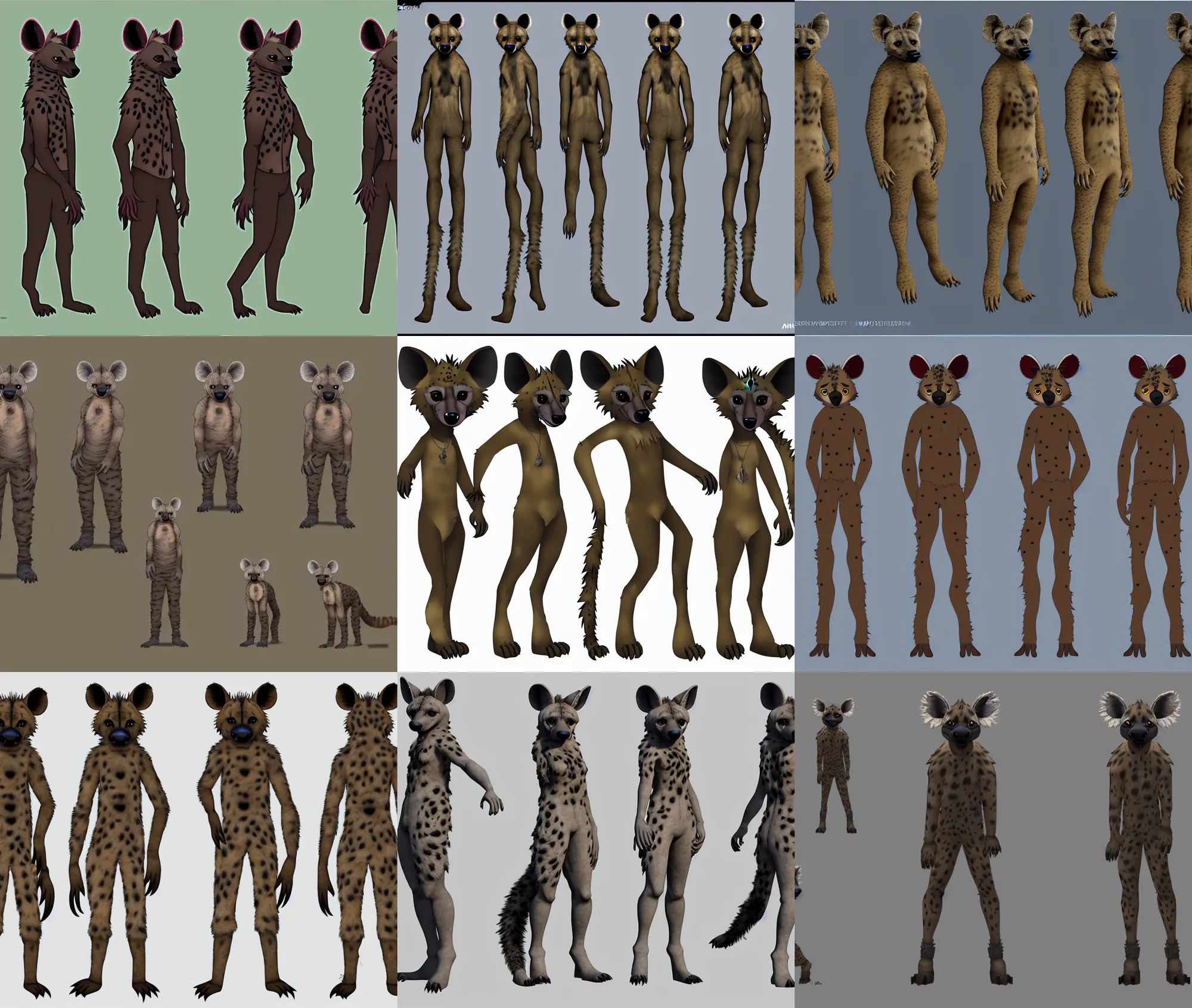 Prompt: a furry hyena fursona three - view fursuit ref sheet, insane ultrahigh - resolution ( uhd ), trending on weasyl