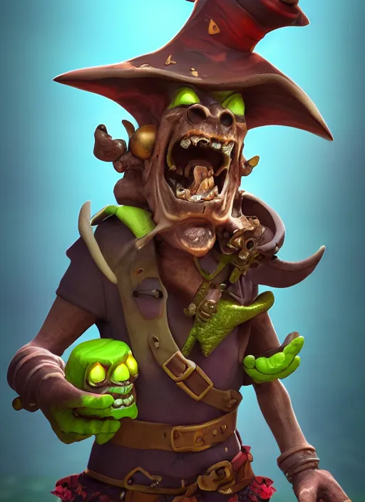 Image similar to A goblin pirate, blender, portrait, detailed, 4k, ocean background, bokeh