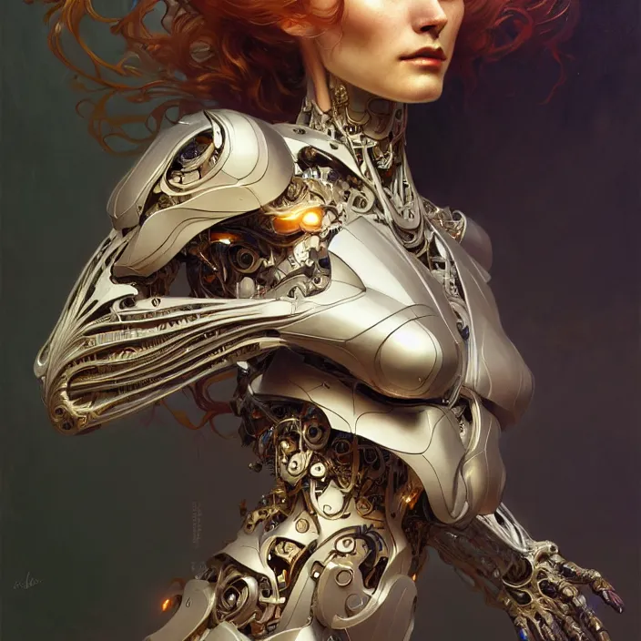 Image similar to organic cyborg, diffuse lighting, fantasy, intricate, elegant, highly detailed, lifelike, photorealistic, digital painting, artstation, illustration, concept art, smooth, sharp focus, art by John Collier and Albert Aublet and Krenz Cushart and Artem Demura and Alphonse Mucha