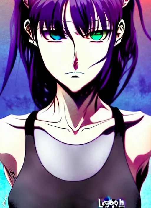 Prompt: style of madhouse studio anime, rei hiroe black lagoon manga, loish, artgerm, joshua middleton comic art, portrait of revy from black lagoon, purple hair, symmetrical eyes and symmetrical face, jean shorts, white tank top, sarcastic evil smirk on face, natural lighting, sky and ocean background