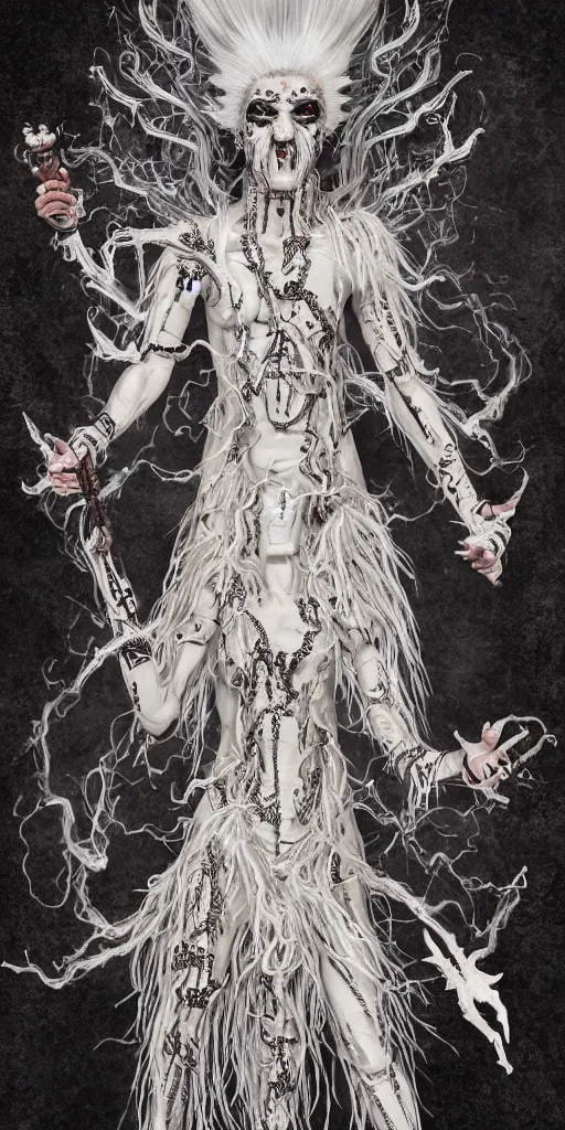 Image similar to full body and head , spiked black hair character design of realistic asian Sumerian Death Goddess ivory skin runic icons + mystical symbols, with small bleached bones covering vest and flowing electricity and smoke , fantasy, intricate, elegant, highly detailed, artstation, ,photoreal, ghostbusters , peter mordenbacher,Mike Winkelmann, ultra realistic, intricate, epic lighting, 8k resolution, unreal engine 5, ultraviolet colors