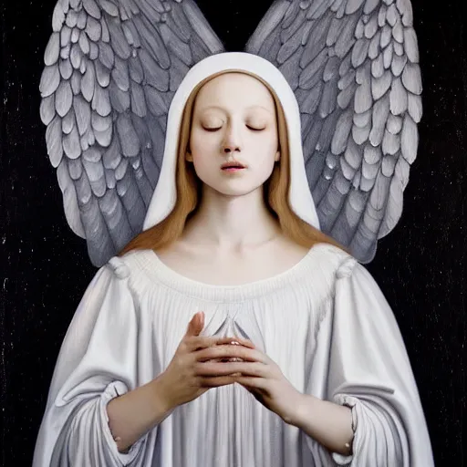 Image similar to highdetailed hyperrealistic painting of white angel!!! no gender smiling noface!!!, light instead of hands, white sparkles everywhere, 4 k hd face!!!, big silver high detailed wings!!!, renaissance, by jan van eyck, holography space, glow effect, large strokes, monochrome!!!!!, digital painting