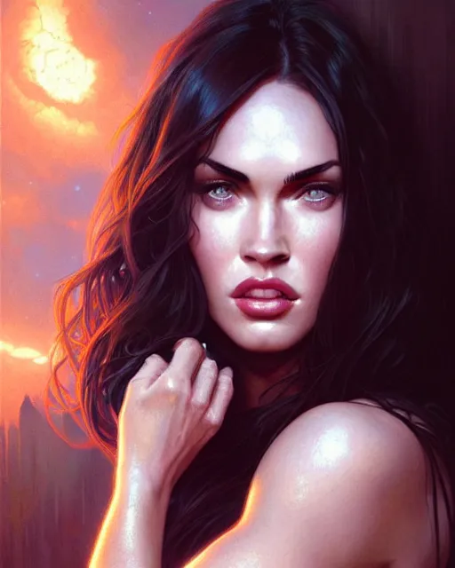 Image similar to portrait of megan fox with sultry face expression, glowing eyes, intricate, headshot, highly detailed, digital painting, artstation, concept art, sharp focus, cinematic lighting, illustration, art by artgerm and greg rutkowski, alphonse mucha, cgsociety