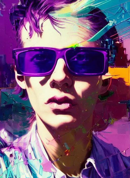 Prompt: an angelic hacker with purple hair in vast cyberspace glitching through the sunshine, sunburst background, wearing sunglasses, futuristic clothes, vibrant colors, glitchy, rule of thirds, spotlight, drips of paint, expressive, passionate, by greg rutkowski, by jeremy mann, by francoise nielly, by van gogh, digital painting