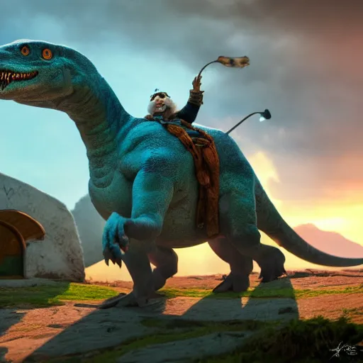 Prompt: ancient gnome riding the dinosaur, photorealistic cinematic scene, very coherent, hyper realism, high detail, vivid colors, octane render, unreal engine, 8k, Smooth gradients, High contrast, depth of field