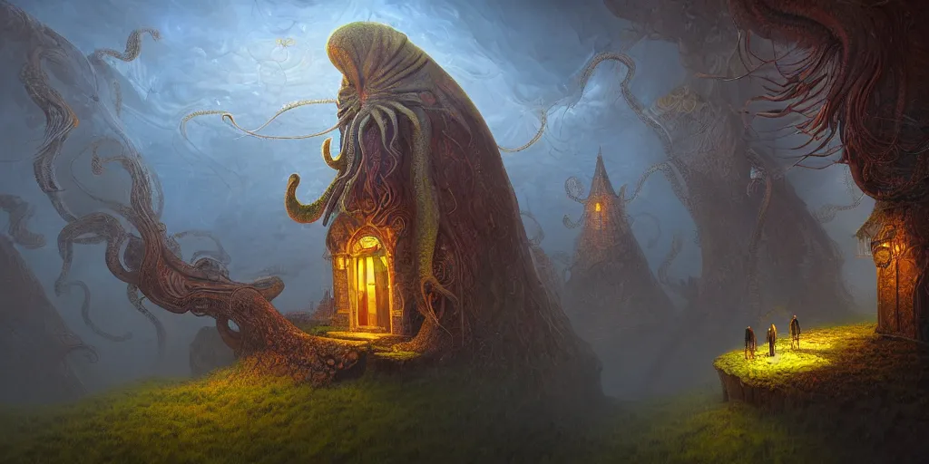 Prompt: Cthulhu, beautiful atmosphere, god rays, masterpiece digital painting by Gediminas Pranckevicius, Alex Gray, 4k wallpaper