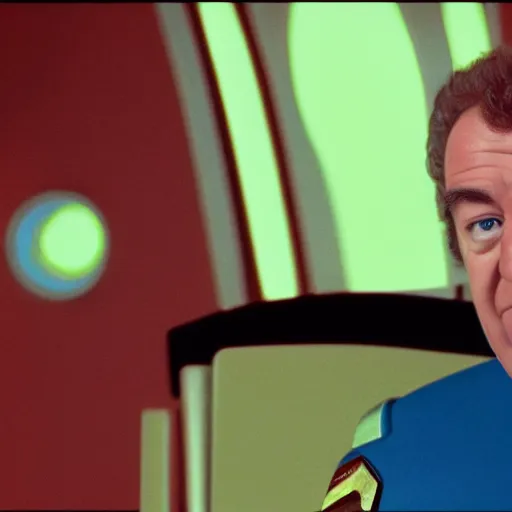 Image similar to Captain Jeremy Clarkson of the USS Enterprise sitting in the captain's chair, Star Trek: The Next Generation screenshot, 4k