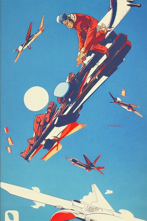 Image similar to a poster of a man riding a plane in the air, poster art by otomo katsuhiro, pixiv, retrofuturism, official art, reimagined by industrial light and magic, poster art