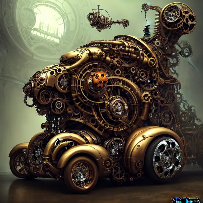 Image similar to biomechanical shiny steampunk vehicle reminiscent of fast sportscar with robotic parts and (glowing) lights parked in ancient lush palace, gothic and baroque, brutalist architecture, ultradetailed, creepy ambiance, fog, artgerm, giger, Intricate by Ellen Jewett and Josan Gonzalez and Giuseppe Arcimboldo