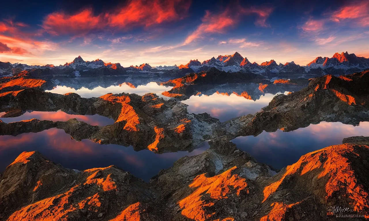 Image similar to amazing landscape photo of mountains with lake in sunset by marc adamus, beautiful dramatic lighting