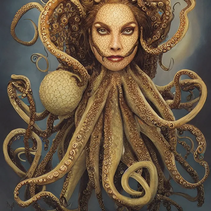 Image similar to beautiful and exotic octopus queen bust portrait, glowing big eyes, art nouveau declotage, perfect symmetrical facial features, hyperrealistic bone structure, beautiful lighting, extremely hyperdetailed, mixed media painting, unreal engine, 8 k, octane, 8 mm, by travis charest, rodney matthews and chris achilleos