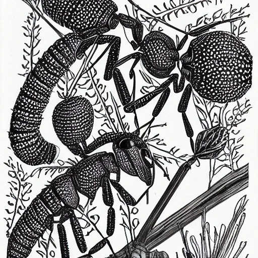 Image similar to ant, black and white, botanical illustration, black ink on white paper, bold lines