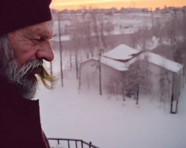 Image similar to lomographic tarkovsky film still of 4 0 years russian man with beard and sweater standing on small hrushevka 9 th floor balcony full with cigarette smoke in winter taiga looking at sunset, cinestill, bokeh