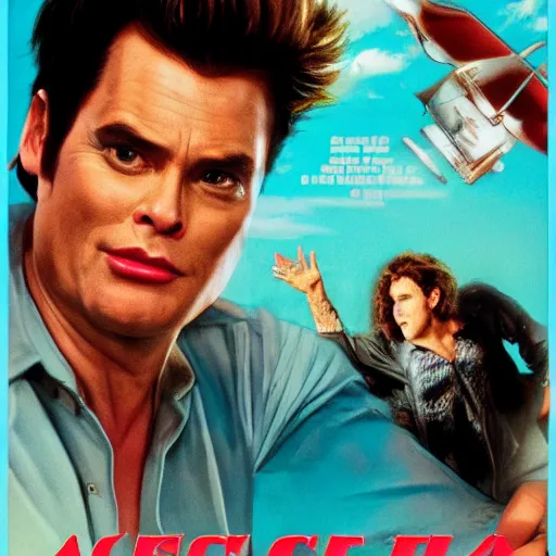 Image similar to a film poster of ace ventura with Nicola cage, realism, film grain