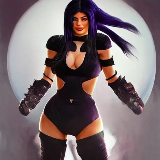 Prompt: full body portrait of kylie jenner as a mortal kombat x ninja character in a leotard, intricate, elegant, highly detailed, digital painting, artstation, concept art, smooth, sharp focus, illustration, art by artgerm and greg rutkowski and alphonse mucha