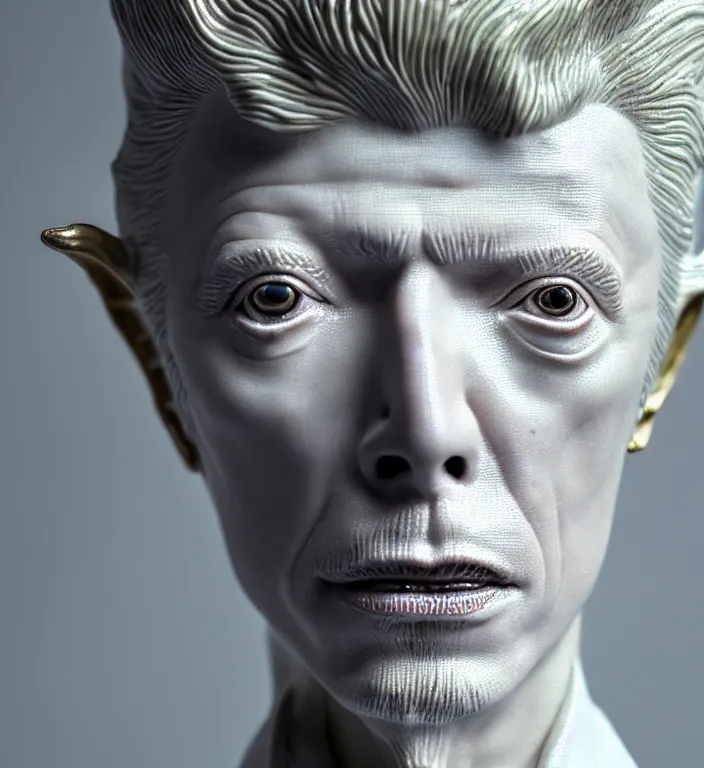 Image similar to David Bowie , A Close up photo-real delicate ceramic porcelain sculpture of a symmetrical ornate detailed in front of an intricate background by Victo Ngai and takato yamamoto, micro detail, backlit lighting, face in focus, subsurface scattering, translucent, thin porcelain, octane renderer, colorful, physically based rendering, japanese pottery, trending on cgsociety