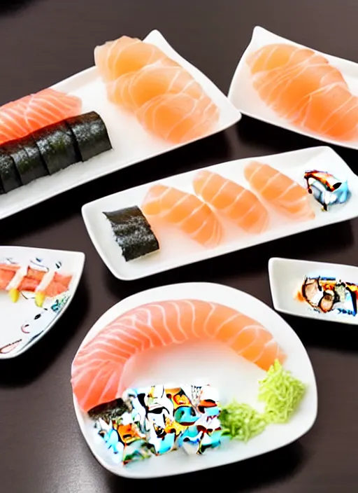 Image similar to clear photograph of cute cats eating sushi from sushi plates