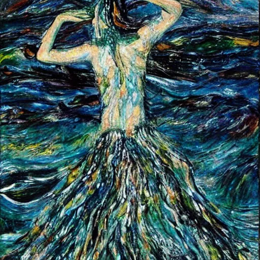 Prompt: the woman emerged from the ocean and danced by the river clothed in seaweed and tree bark , surrealistic abstract art in the style of jackson pollock and jack b yeats ,