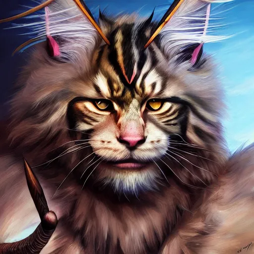 Image similar to portrait of a very cute fursona maine coon barbarian, muscular, wild, d & d, fantasy, intricate, full - length, cinematic lighting, highly detailed, digital painting, artstation, concept art, smooth, sharp focus, illustration, art by hajime sorayama