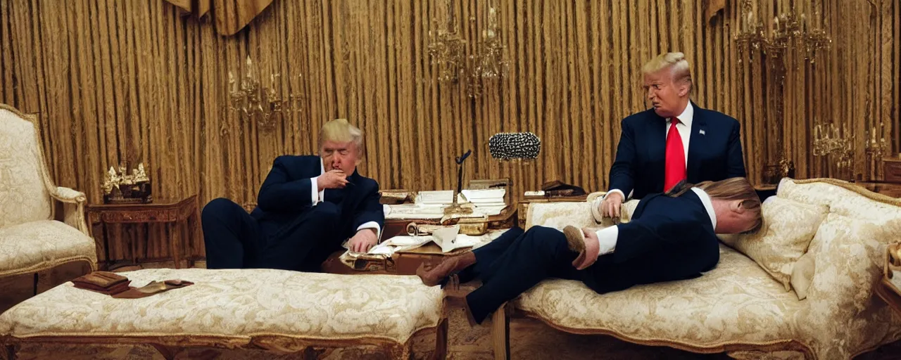 Prompt: donald trump sucking on putin's feet, small details, intricate, canon 5 0 mm, high detail, intricate, cinematic lighting, photography, wes anderson, film, kodachrome