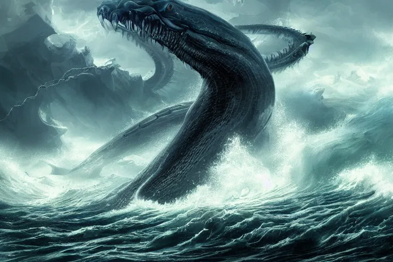 Prompt: immense powerful serpentine sea monsters battling among crashing waves, highly detailed fantasy art, dramatic lighting, stormy weather, great quality,