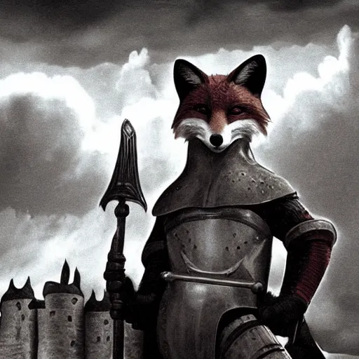 Prompt: anthropomorphic fox!! who is a medieval knight holding a warhammer towards a stormy thundercloud [ 1 9 3 0 s film still ], ( fantasy castle in the background )
