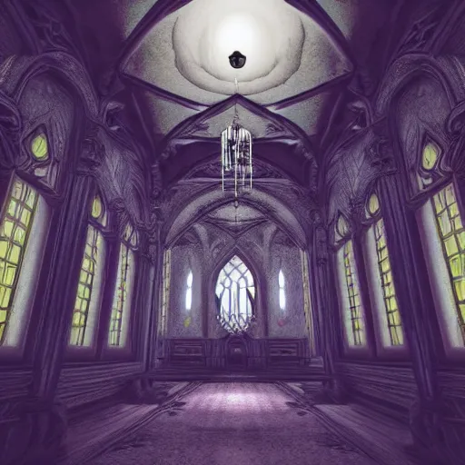 Prompt: large gothic hall with large chandeliers under the ceiling, horror movie, moonlight, artstation, detailed, colorfull, futuristic