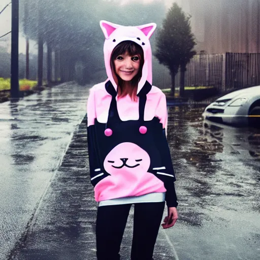 Prompt: a cute anime cyborg - girl wearing a cat hoodie walking in the rain