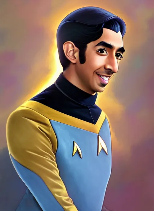 Prompt: cute star trek officer dev patel, natural lighting, path traced, highly detailed, high quality, digital painting, by don bluth and ross tran and studio ghibli and alphonse mucha, artgerm