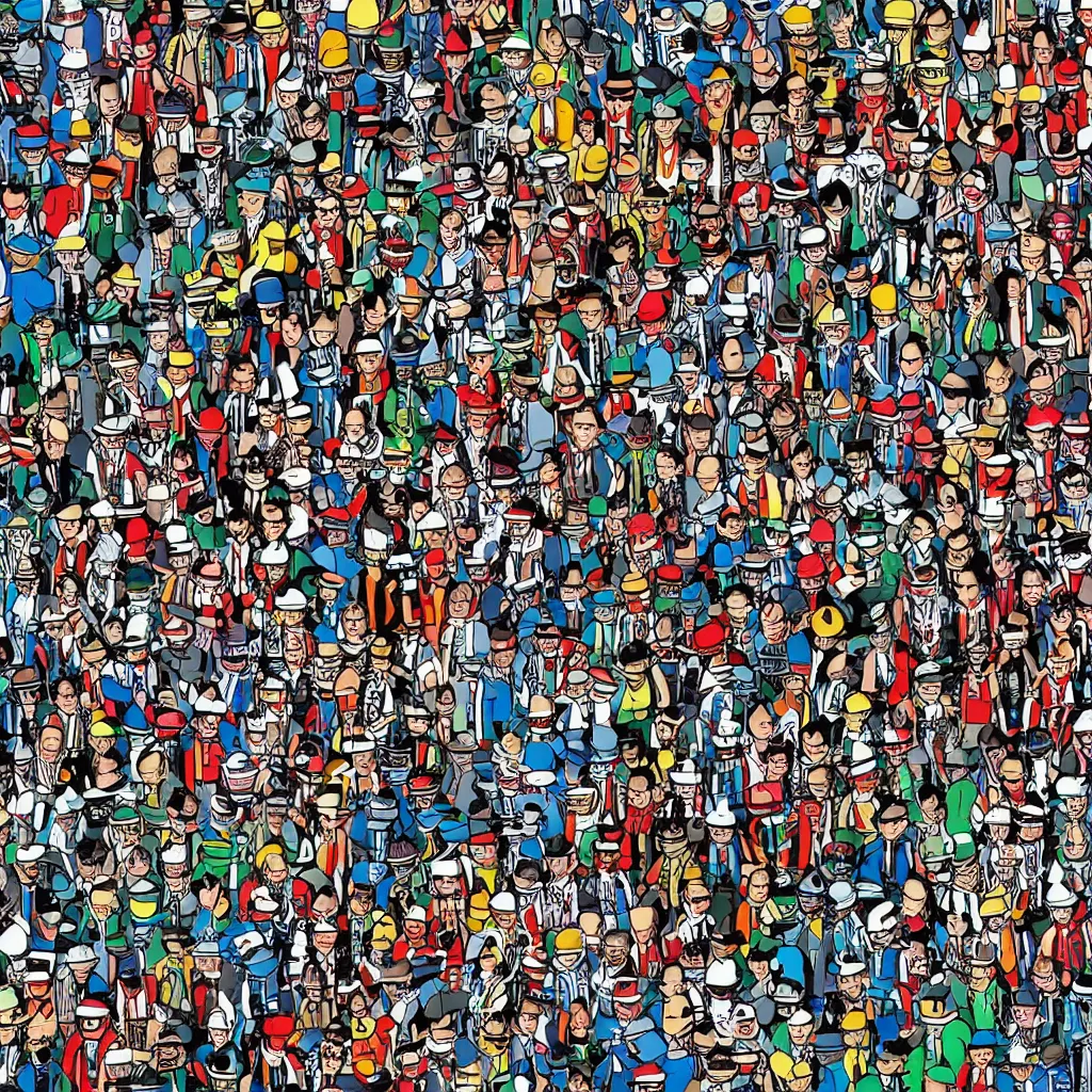 Image similar to Where's Waldo, on a futuristic robot battlefield