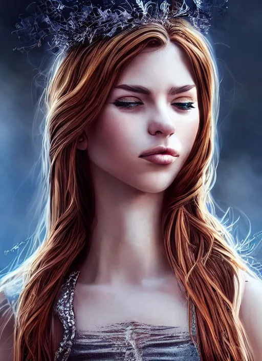 Image similar to portrait of a gorgeous young woman mage in the style of stefan kostic, flickr, realistic photo, sharp focus, 8k high definition, insanely detailed, intricate, elegant