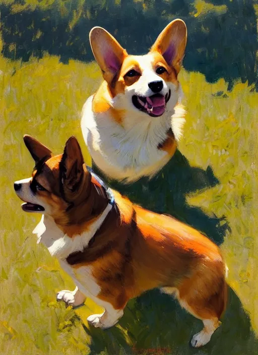 Prompt: Greg Manchess painting of a humanoid Corgi, countryside, calm, fantasy character portrait, dynamic pose, above view, sunny day, artwork by Jeremy Lipkin and Giuseppe Dangelico Pino and Michael Garmash and Rob Rey, very coherent asymmetrical artwork, sharp edges, perfect face, simple form, 100mm