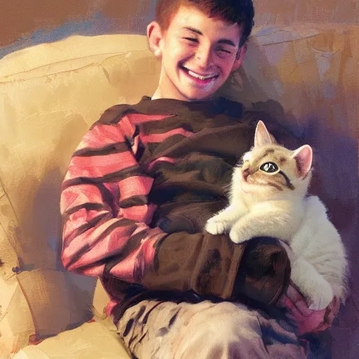 Prompt: a teenage boy smiling at the kitten in his lap. By Craig Mullins and Jordan Grimmer n- 6