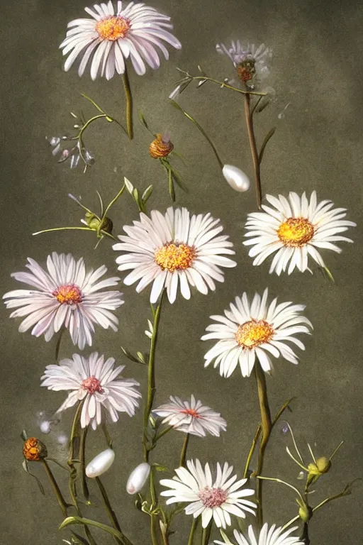 Prompt: beautiful digital matte painting of whimsical botanical illustration daisies and pearls by barclay shaw artstation