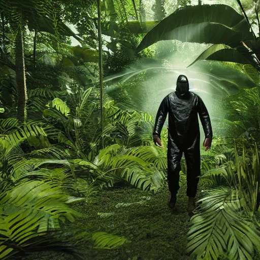 Image similar to a man wearing a hazmat suit and gasmask, walking through a lush jungle, unreal engine 5, ray traced, god rays, extremely high detail