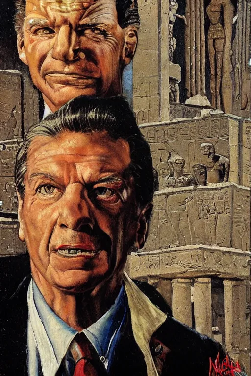 Image similar to a closer personal portrait of vince mcmahon with very piercing eyes, very charismatic. in the old ancient temple of luxor. masterpiece, dark. painted by norman rockwell and james gurney