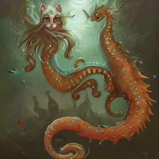 Prompt: cat seahorse shapeshifter, long-haired humanoid fursona by Peter Mohrbacher and Louis Wain, furaffinity, mardi gras inspired art trending on artstation