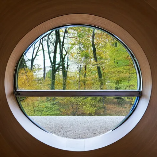 Image similar to a spaceship designed by eero saarinen, wood texture, trees visible through round windows