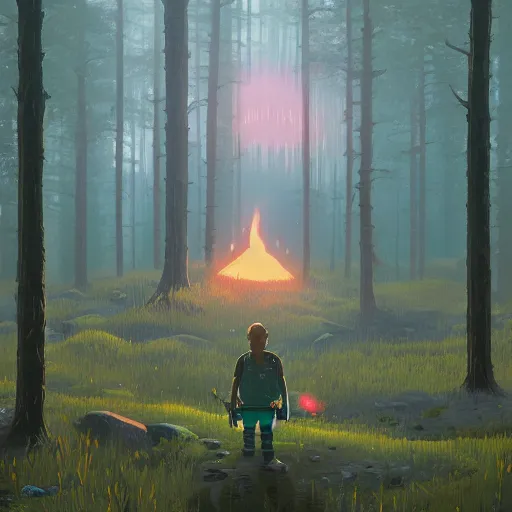 Image similar to breath of the wild, simon stalenhag, forest