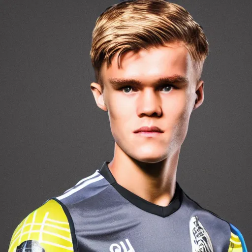 Image similar to a realistic detailed photo of a guy who is an attractive humanoid who is half robot and half humanoid, who is a male android, soccer player martin ødegaard, shiny skin, posing like a statue, blank stare, in a living room, on display, showing off his muscles