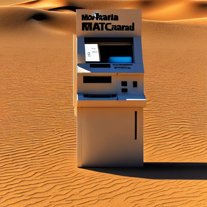 Image similar to hyperrealistic mixed media portrait of a moridly obese man using an ATM machine in the middle of a barren desert wasteland, despair, depressing and hopeless vibe, stunning 3d render inspired art by P. Craig Russell and Barry Windsor-Smith + perfect facial symmetry + dim volumetric lighting, 8k octane beautifully detailed render, post-processing, extremely hyperdetailed, epic composition, grim yet sparkling atmosphere, cinematic lighting + masterpiece, trending on artstation