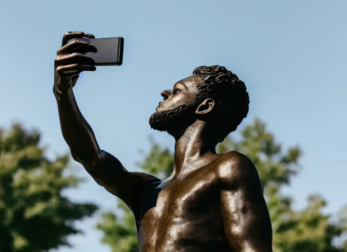 Prompt: photo still of a bronze statue of a person using an iphone to take a selfie, park on a bright sunny day, 8 k 8 5 mm f 1 6 4 6 5 2
