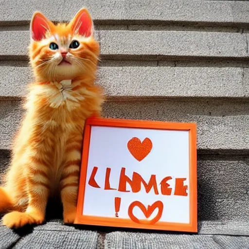 Image similar to cute fluffy orange tabby kitten with a sign that says